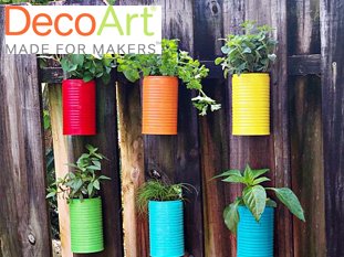 Upcyled tin planters to brighten you garden with DecoArt Patio Paints